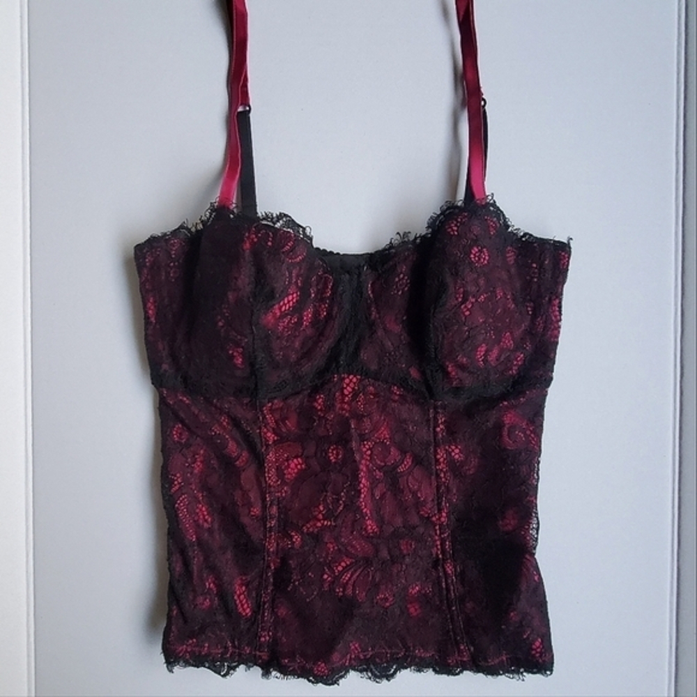Vintage floral corset top Y2K Victoria's Secret lace silk black pink bustier XS